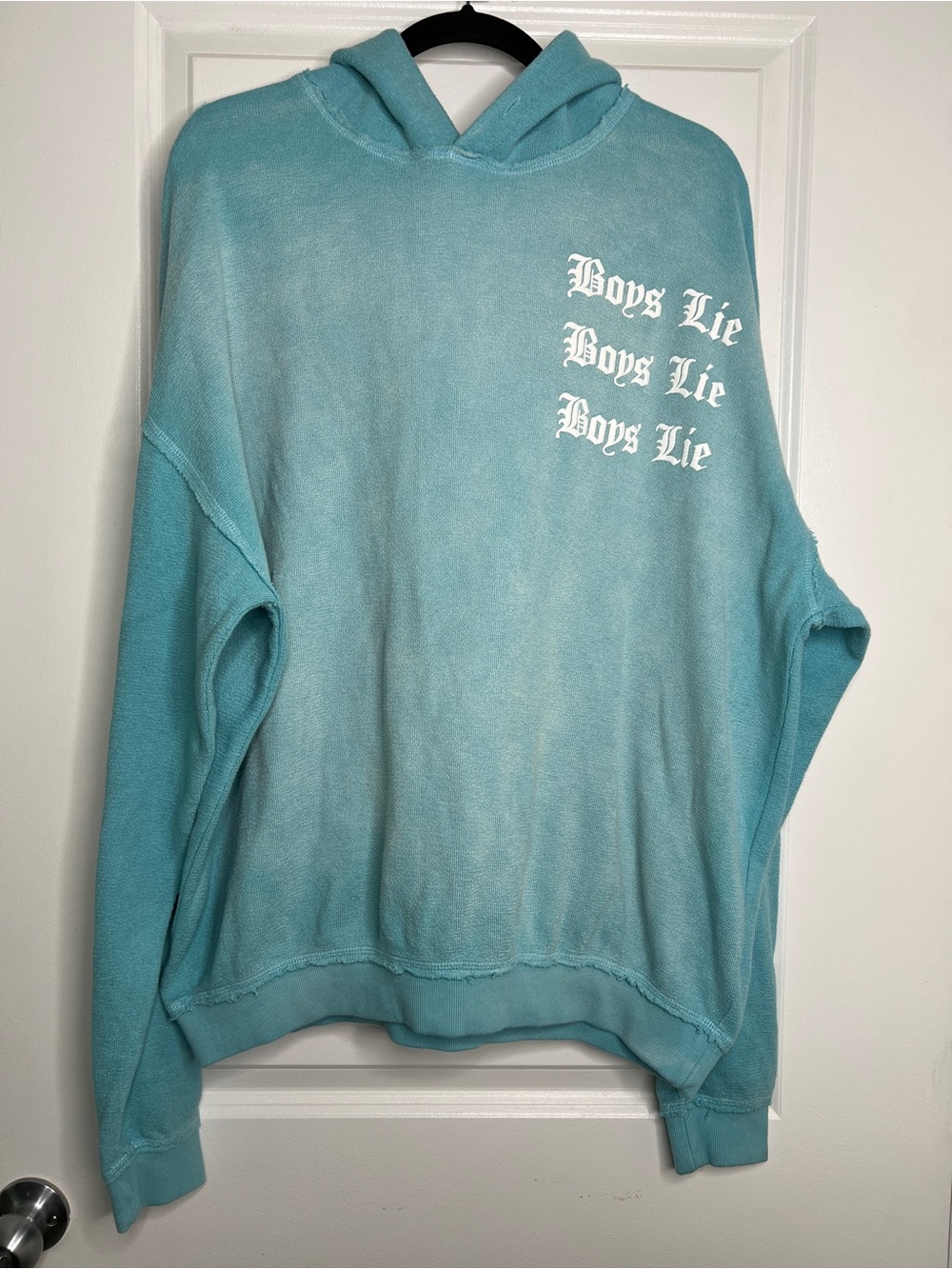 Boys Lie Head Over Heels Hoodie Blue Teal French Terry Oversized Graphic Gothic